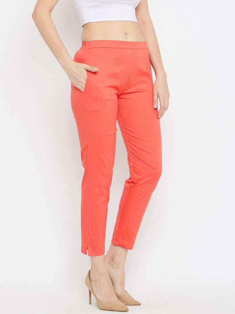 Women's Peach Regular Fit Solid Pants