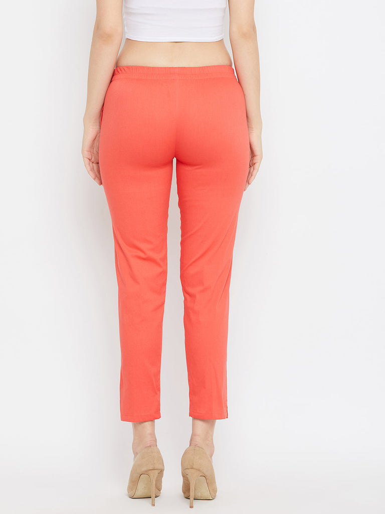 Women's Peach Regular Fit Solid Pants
