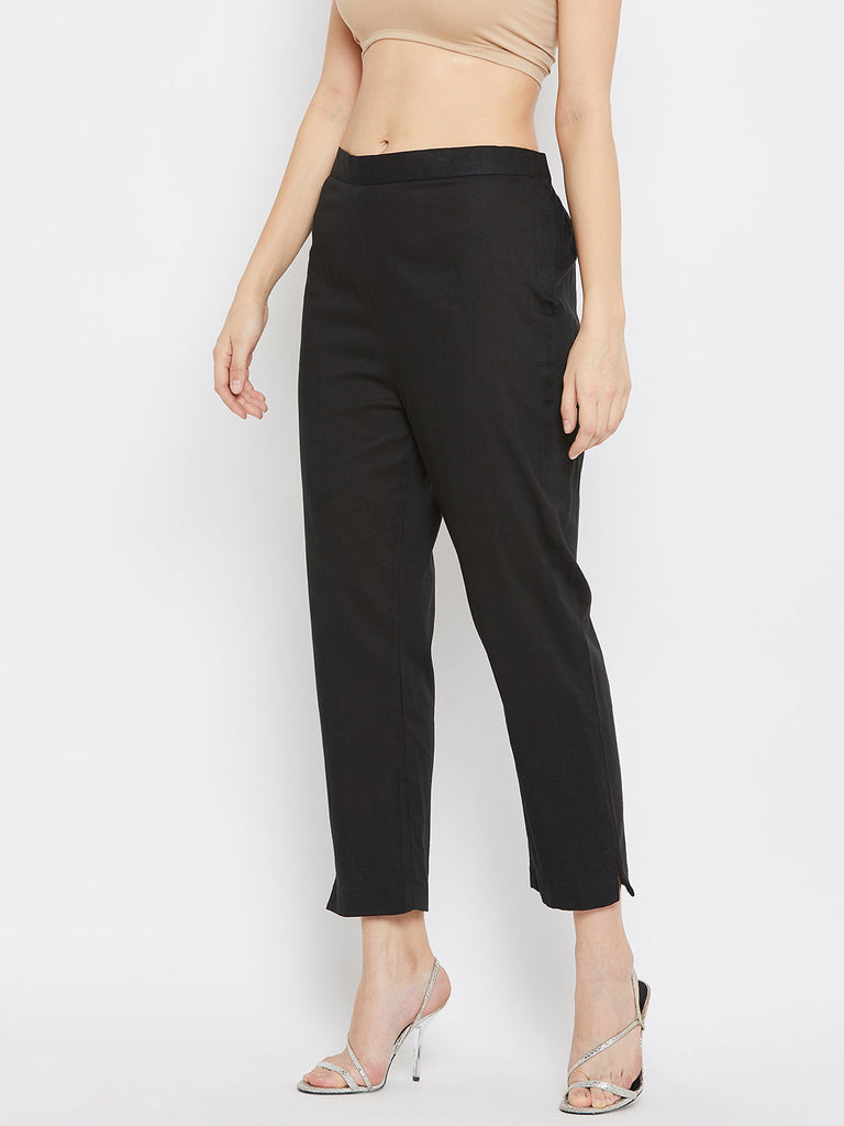 Women's Black Regular Fit Solid Pants