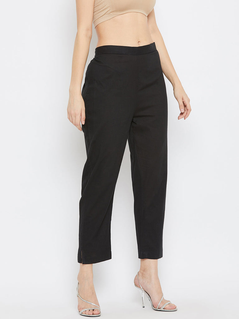 Women's Black Regular Fit Solid Pants