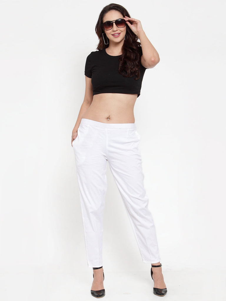 Women's White Regular Fit Solid Pants