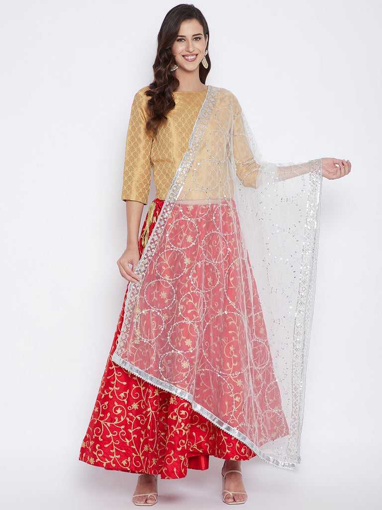 Women's White Silver Embellished Net Dupatta