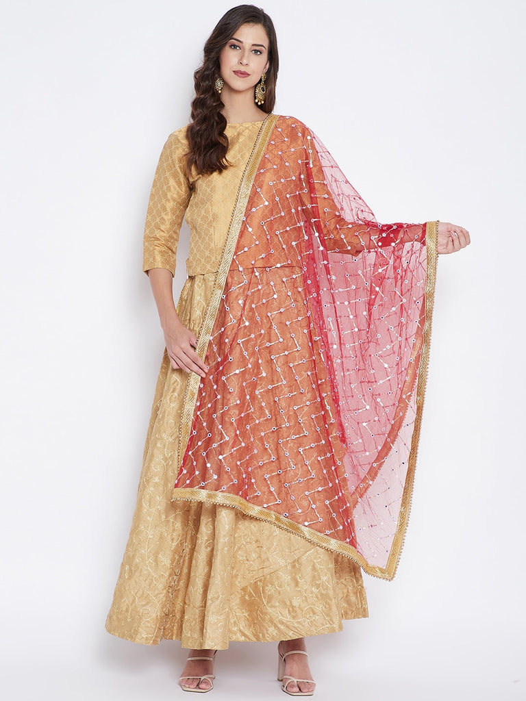 Women's Maroon Mirror Work Net Dupatta