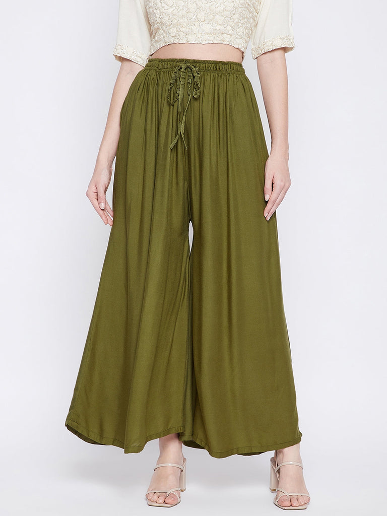 Women's Olive Green Solid Rayon Sharara