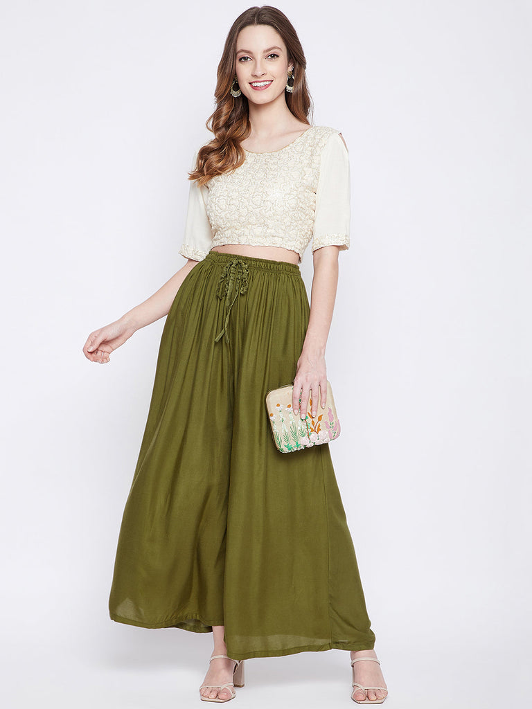 Women's Olive Green Solid Rayon Sharara