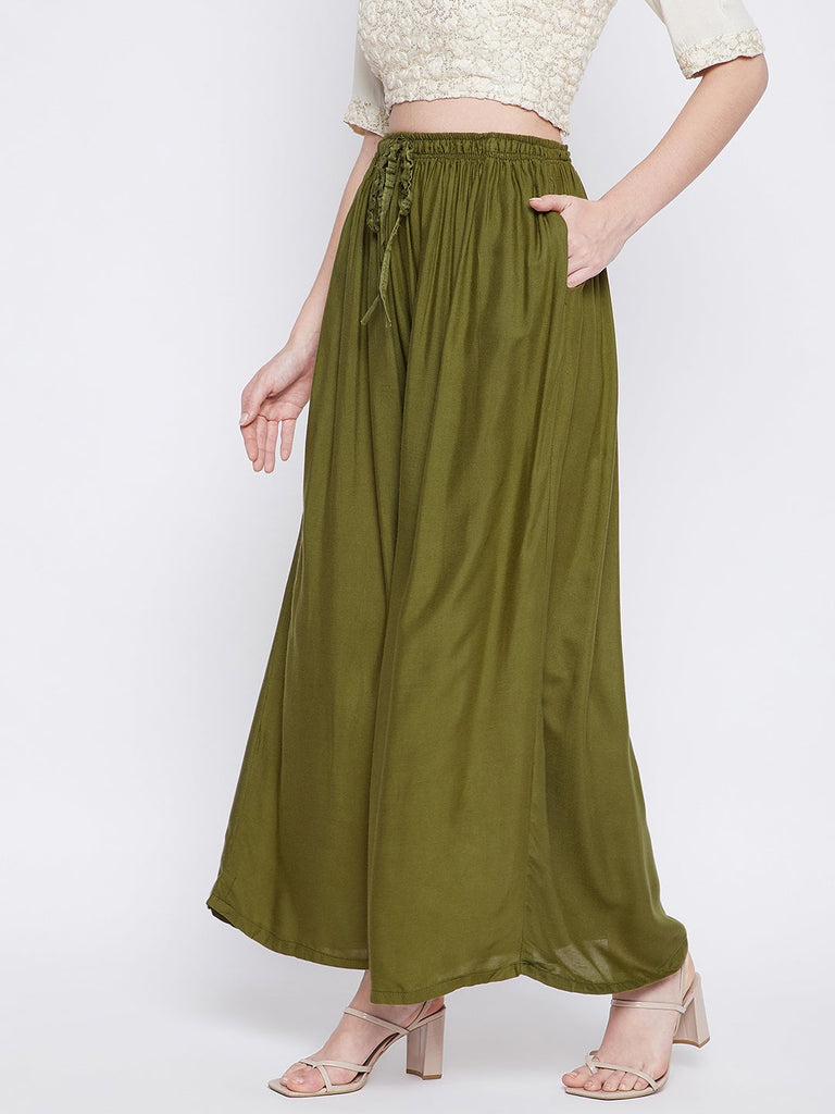 Women's Olive Green Solid Rayon Sharara