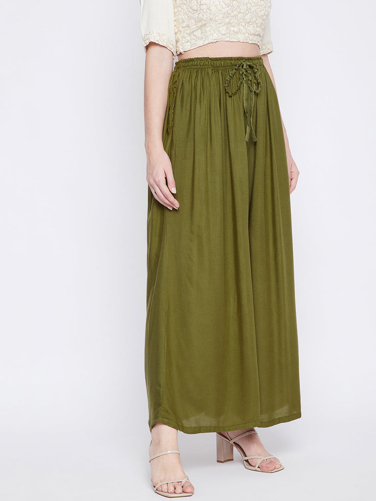 Women's Olive Green Solid Rayon Sharara