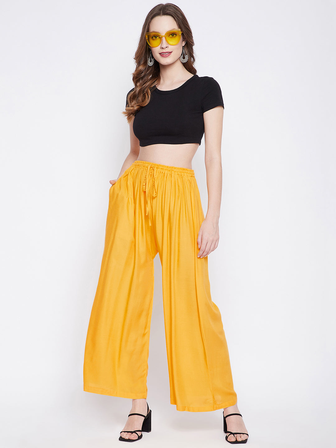 Women's Yellow Solid Rayon Sharara