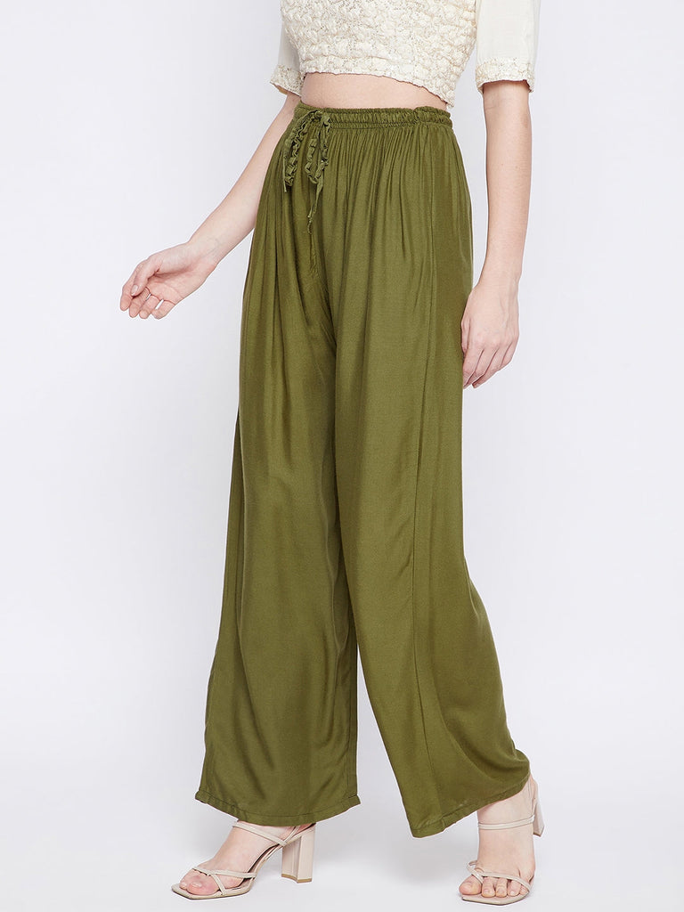 Women's Olive Green Solid Rayon Palazzo