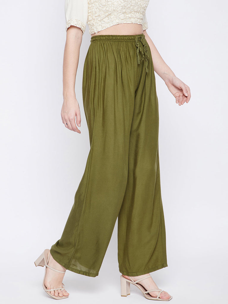 Women's Olive Green Solid Rayon Palazzo