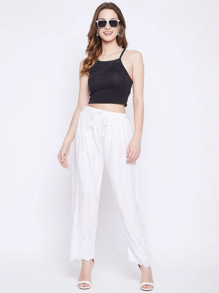 Women's White Chikankari Rayon Palazzo