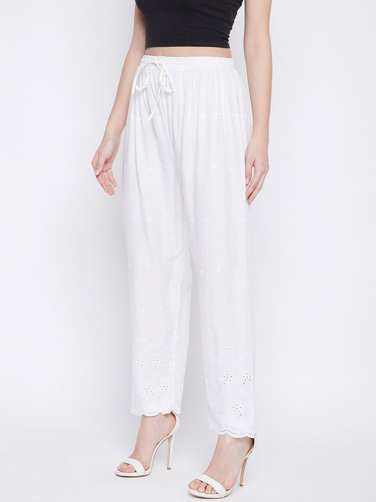 Women's White Chikankari Rayon Palazzo
