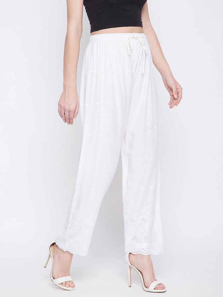 Women's White Chikankari Rayon Palazzo