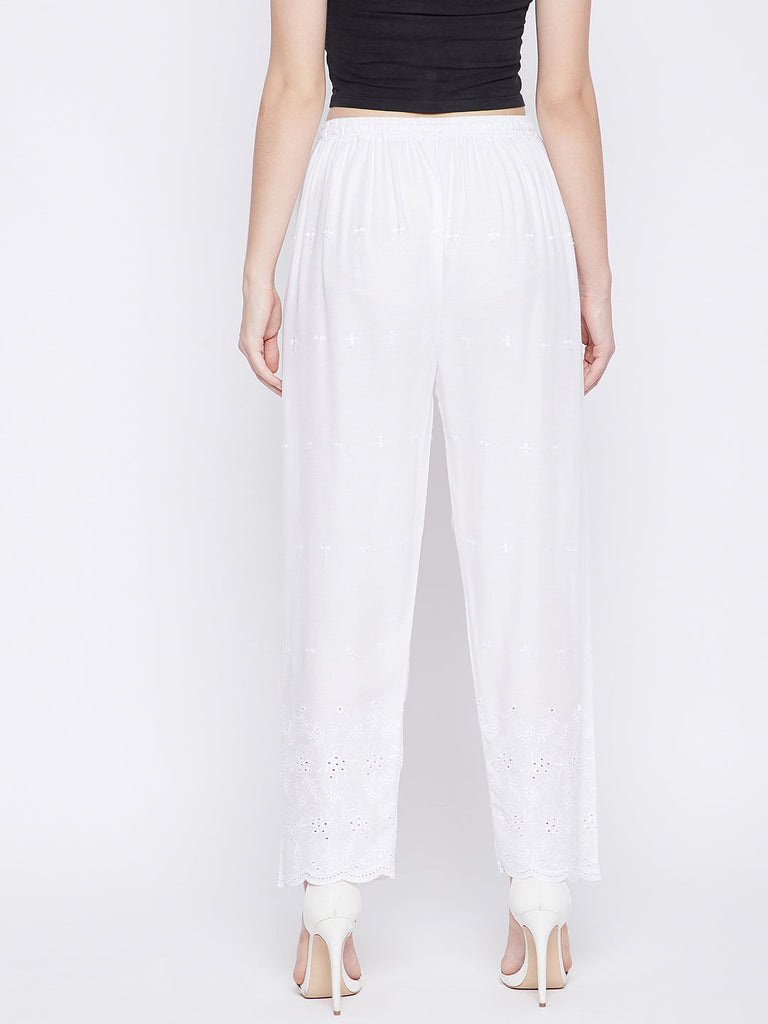 Women's White Chikankari Rayon Palazzo