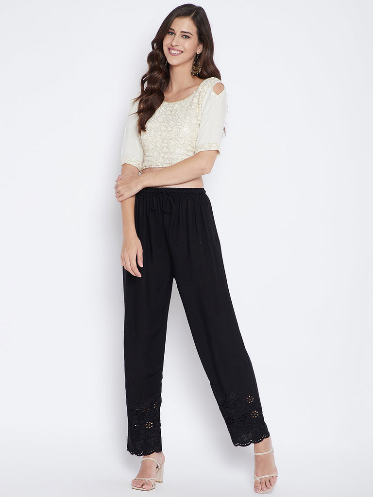 Women's Black Chikankari Rayon Palazzo