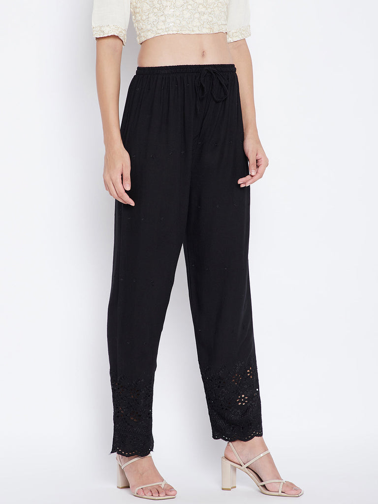 Women's Black Chikankari Rayon Palazzo