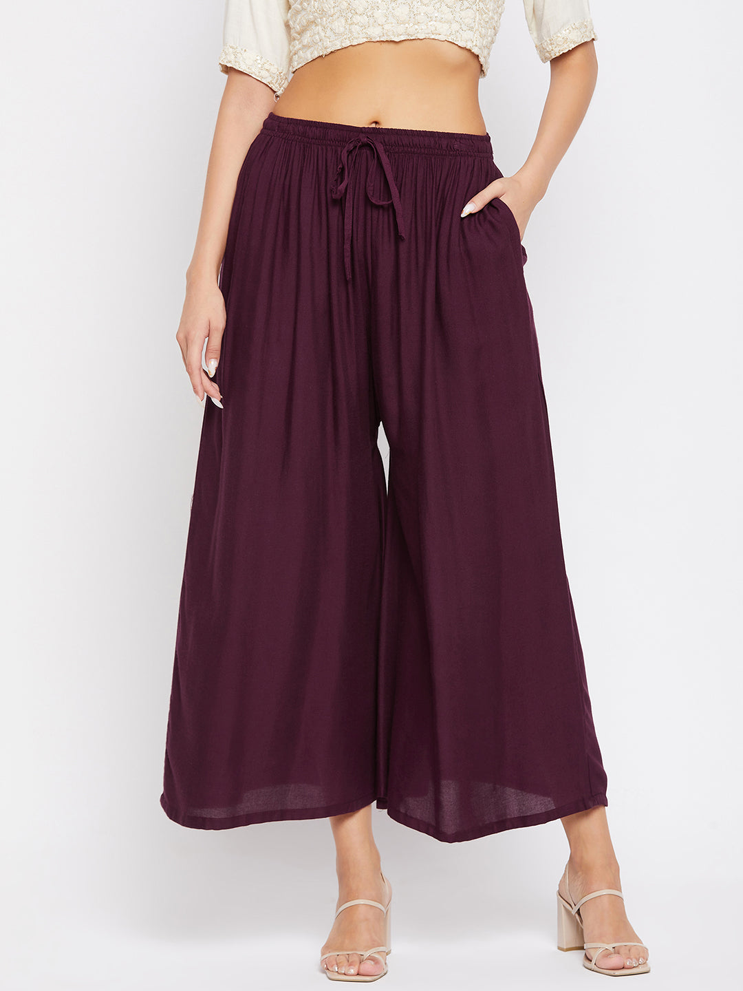 Women's Wine Solid Rayon Sharara