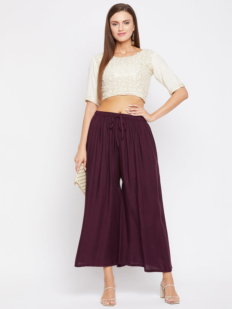 Women's Wine Solid Rayon Sharara