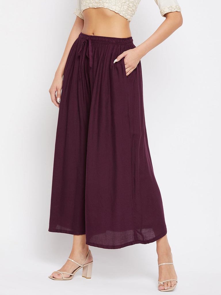 Women's Wine Solid Rayon Sharara