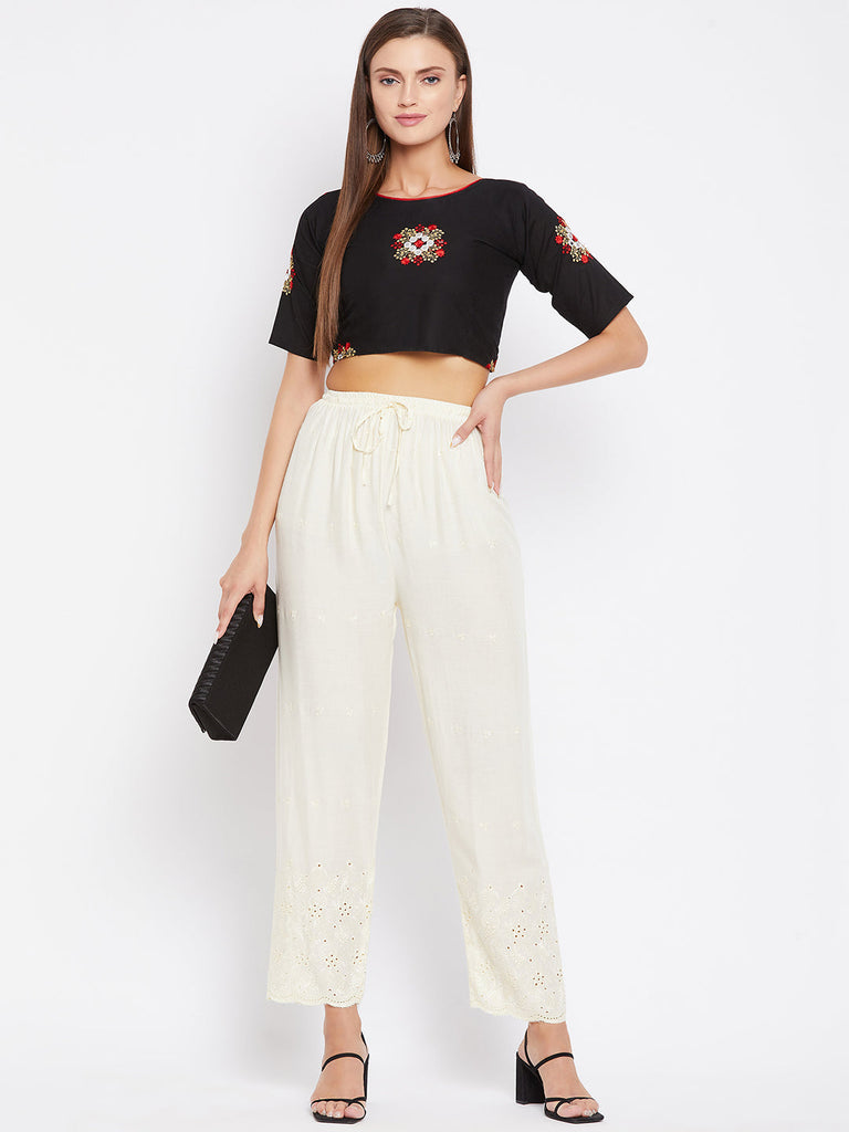 Women's Cream Chikankari Rayon Palazzo