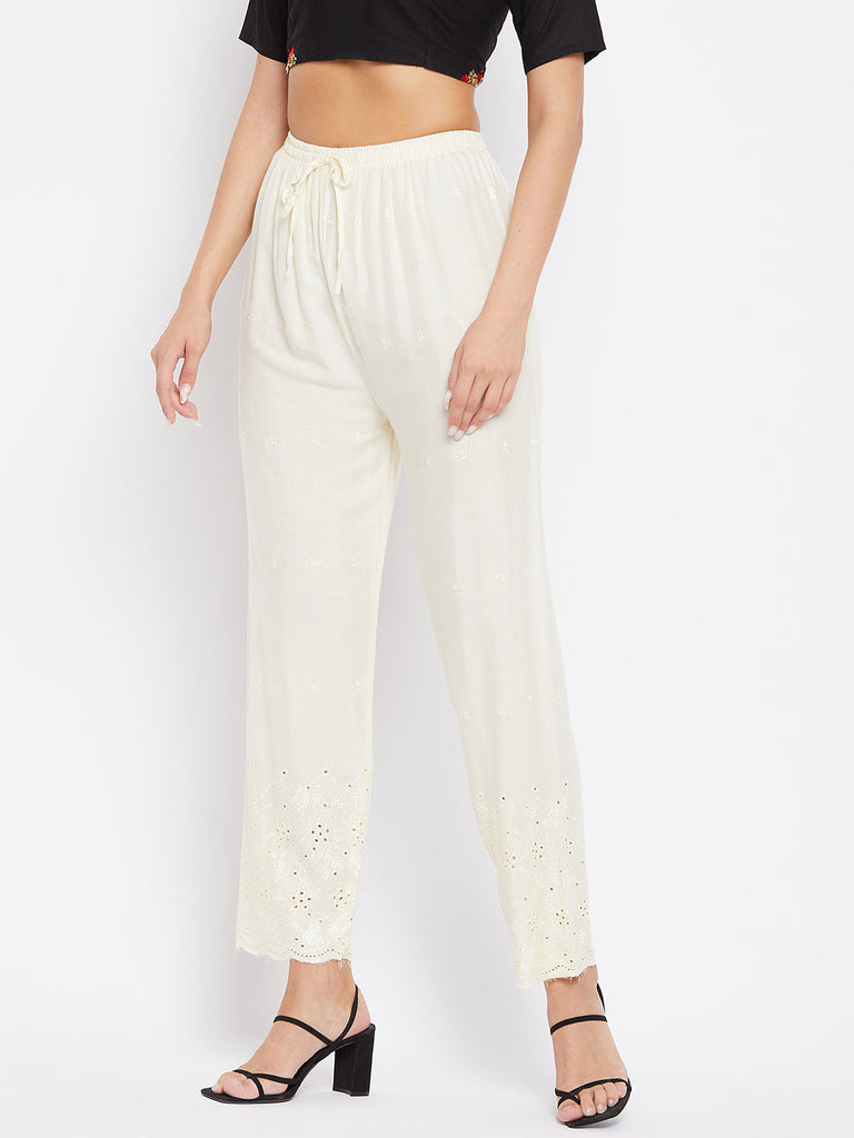 Women's Cream Chikankari Rayon Palazzo