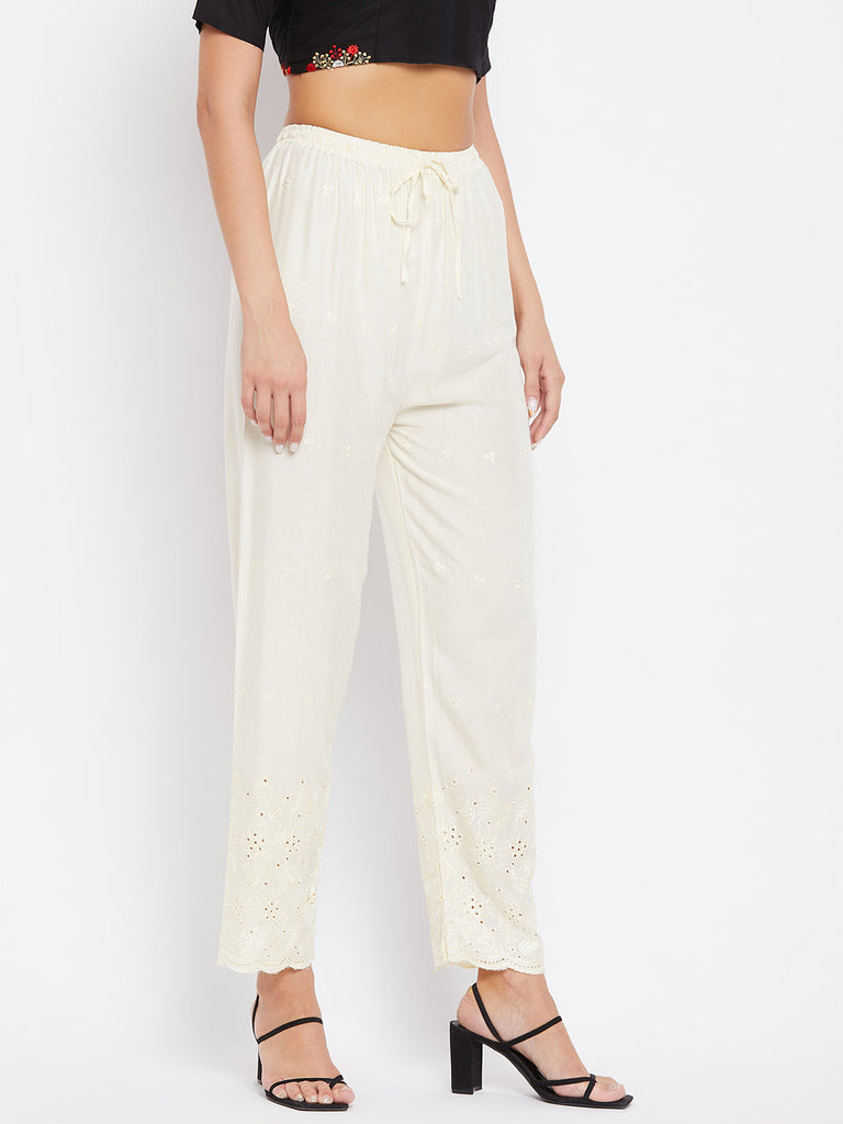 Women's Cream Chikankari Rayon Palazzo