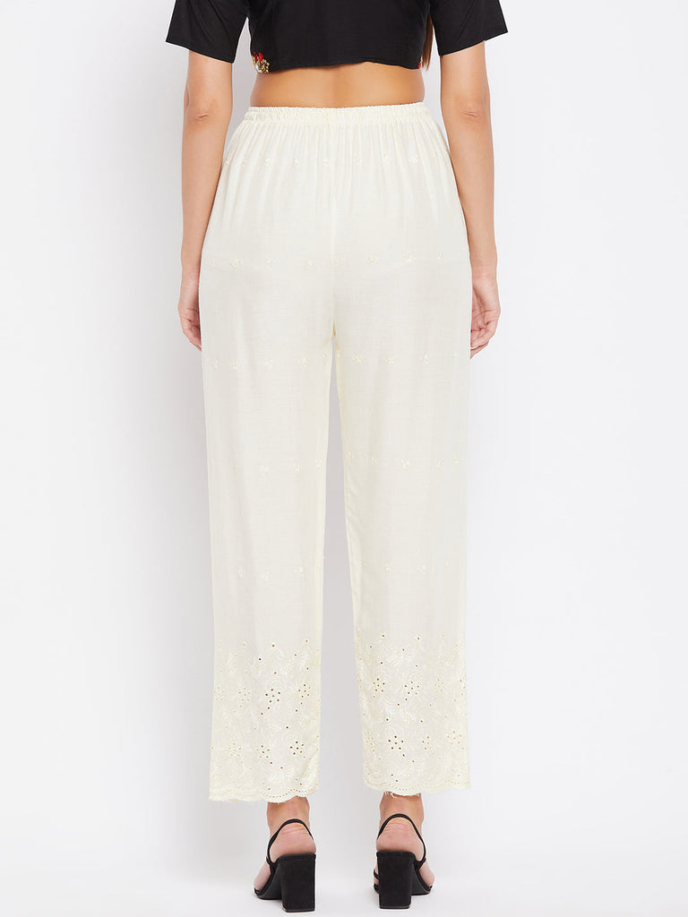 Women's Cream Chikankari Rayon Palazzo