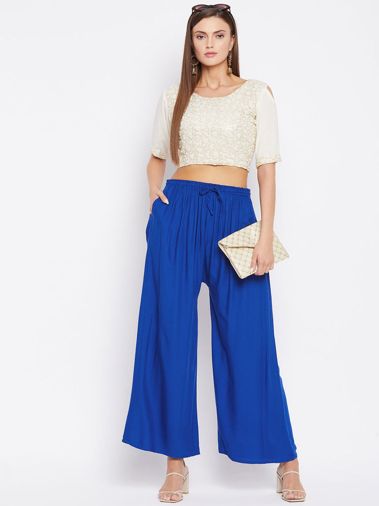 Women's Royal Blue Solid Rayon Sharara