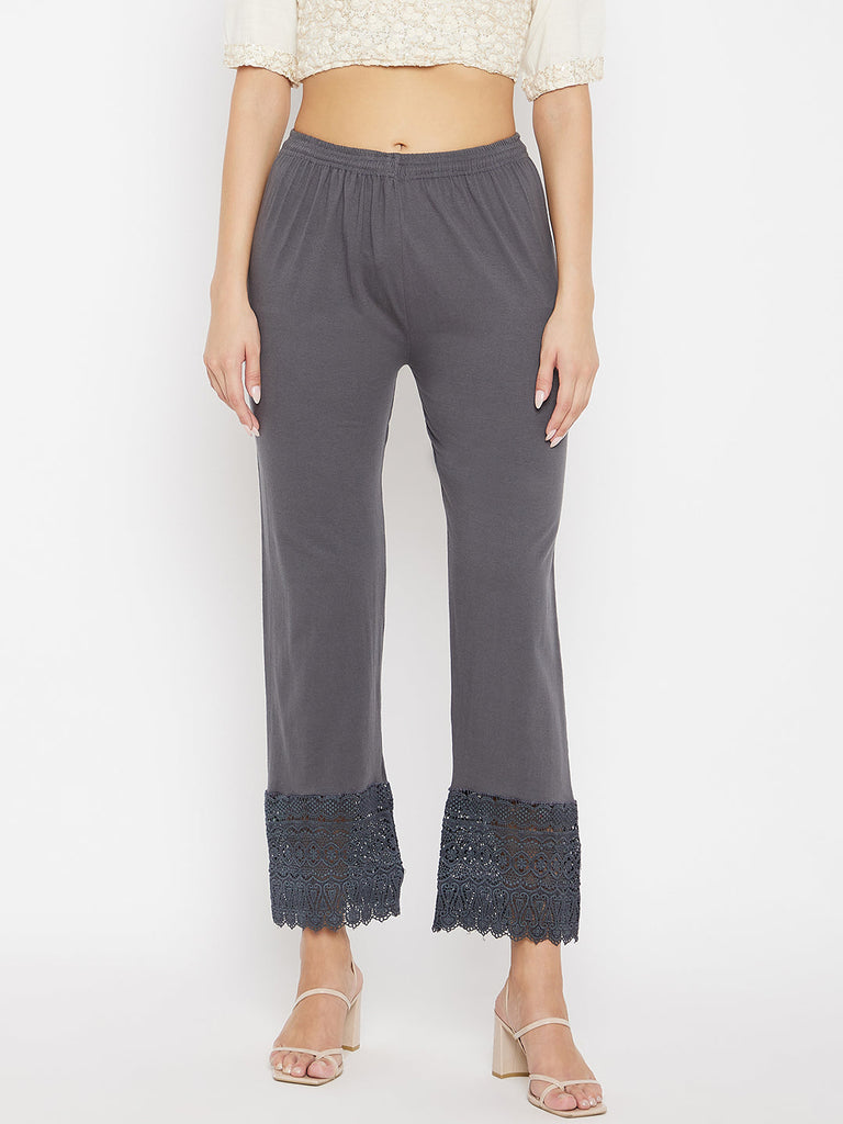 Women's Grey Solid Straight Palazzo