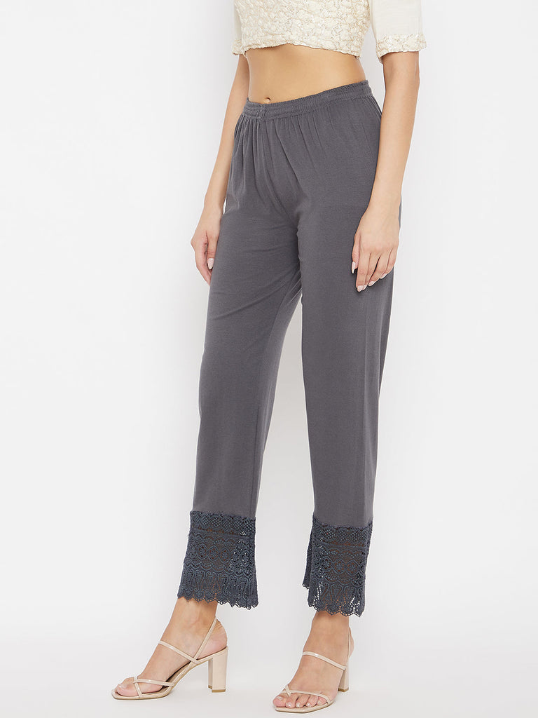 Women's Grey Solid Straight Palazzo