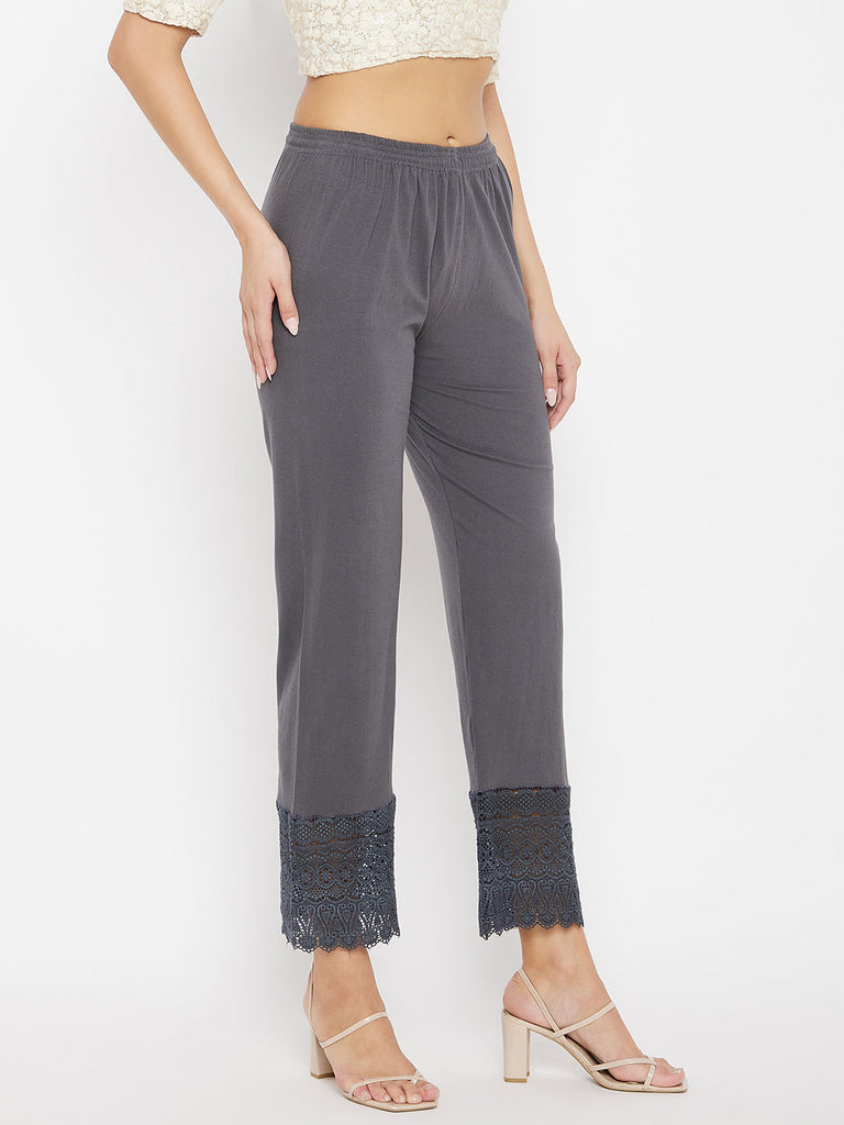 Women's Grey Solid Straight Palazzo