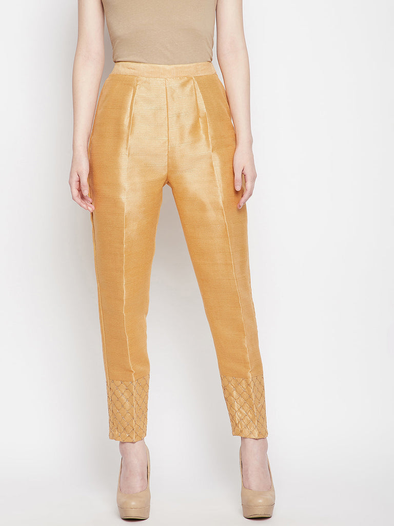 Women's Dark Fawn Hem Design Poly Silk Trouser