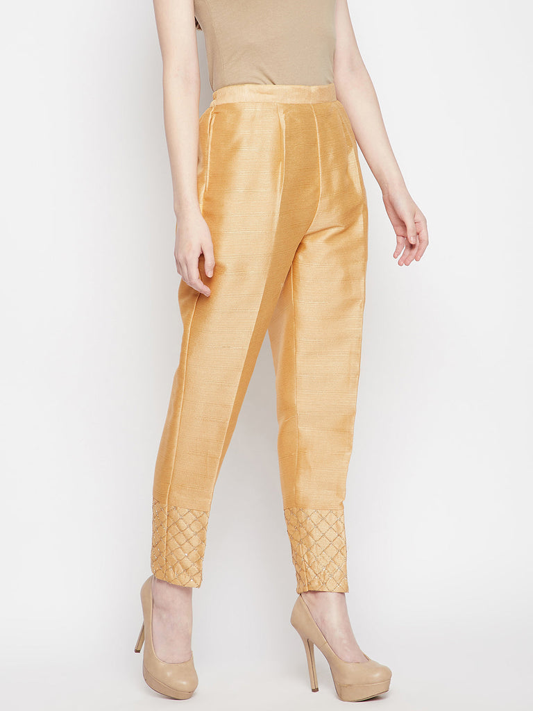 Women's Dark Fawn Hem Design Poly Silk Trouser