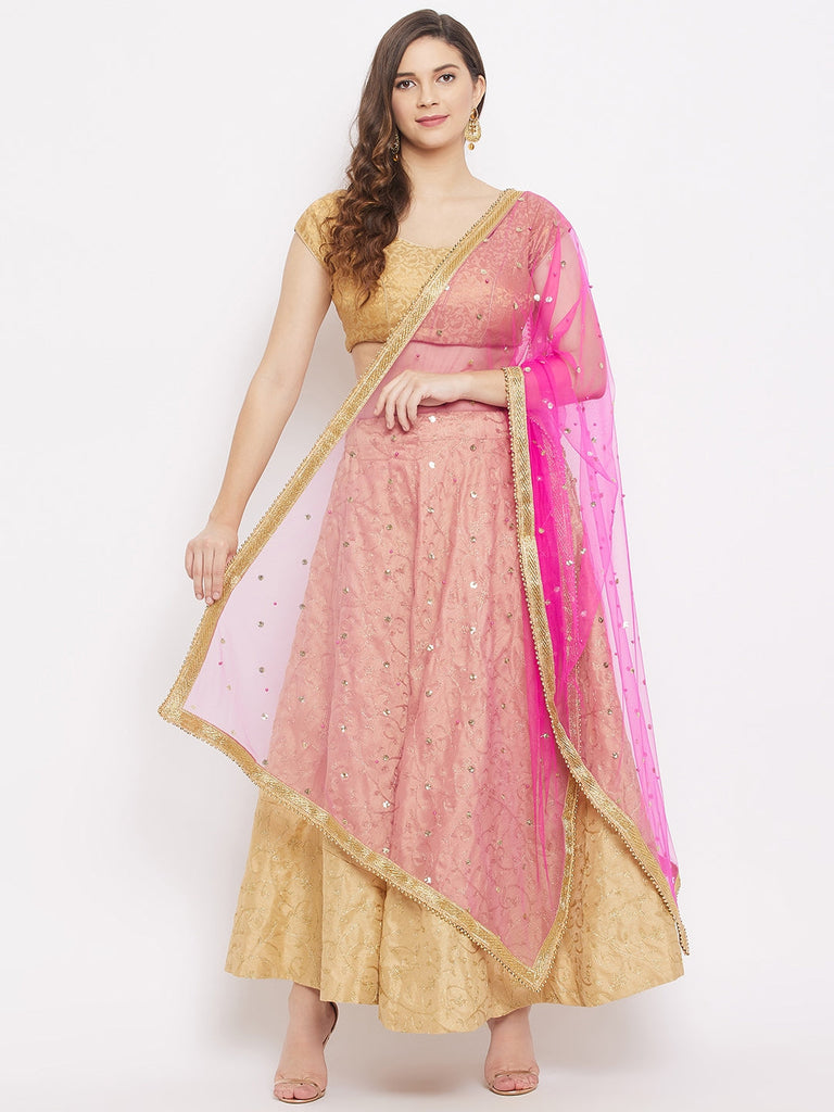 Women's Magenta Embellished Net Dupatta