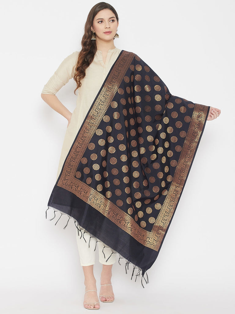 Women's Black Banarsi Poly Silk Dupatta