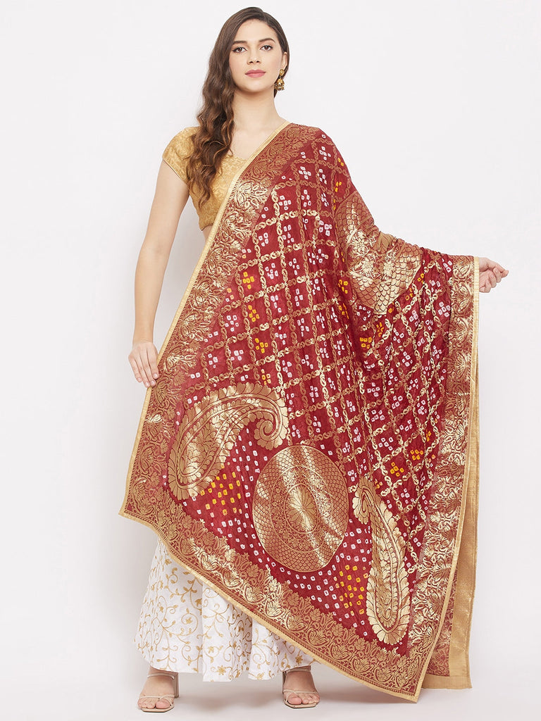 Women's Maroon and Gold Toned Woven Design Dupatta