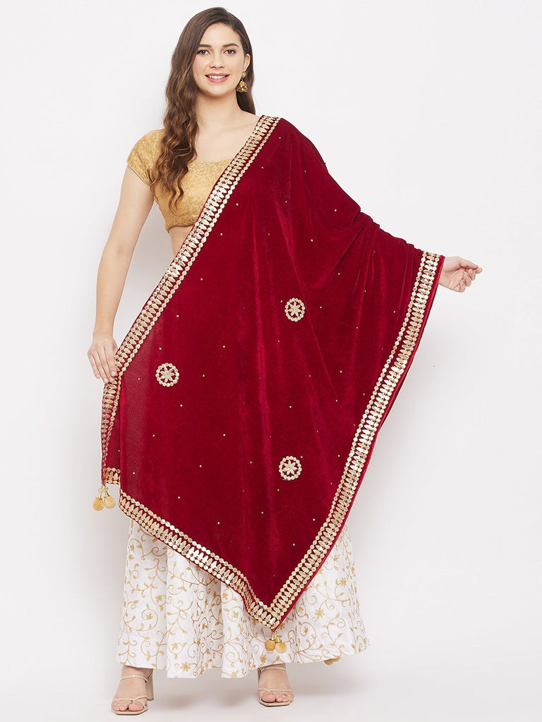 Women's Maroon Velvet Dupatta with Gotta Patti Work