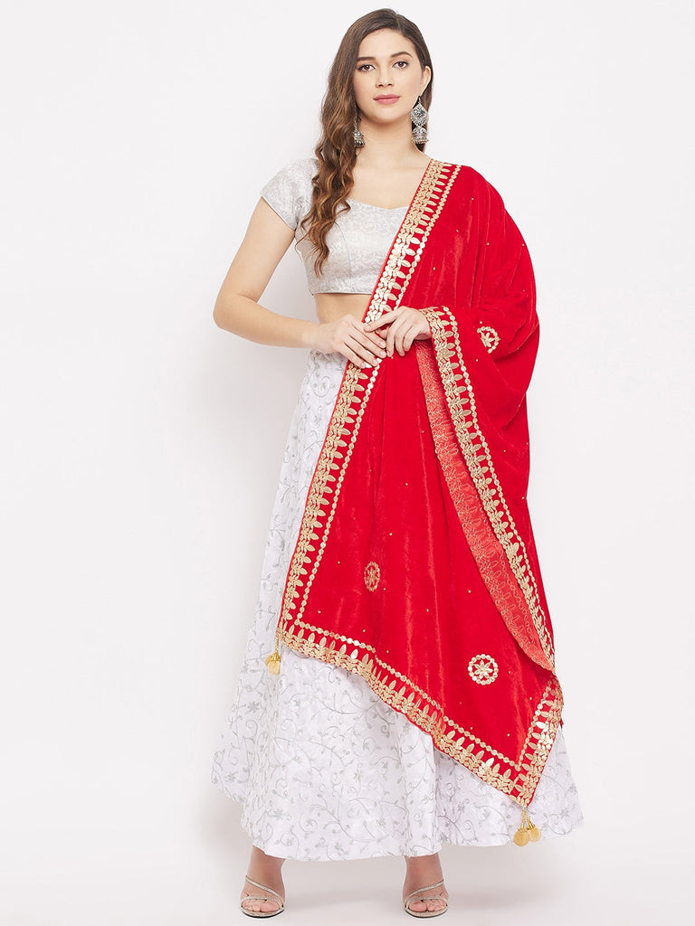 Women's Red Velvet Dupatta with Gotta Patti Work