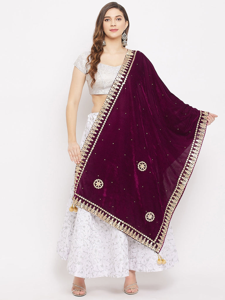 Women's Wine Velvet Dupatta with Gotta Patti Work