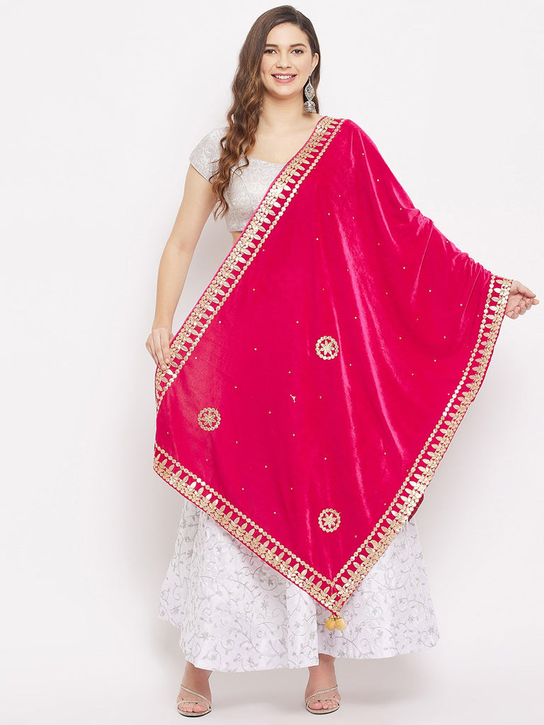 Women's Magenta Velvet Dupatta with Gotta Patti Work
