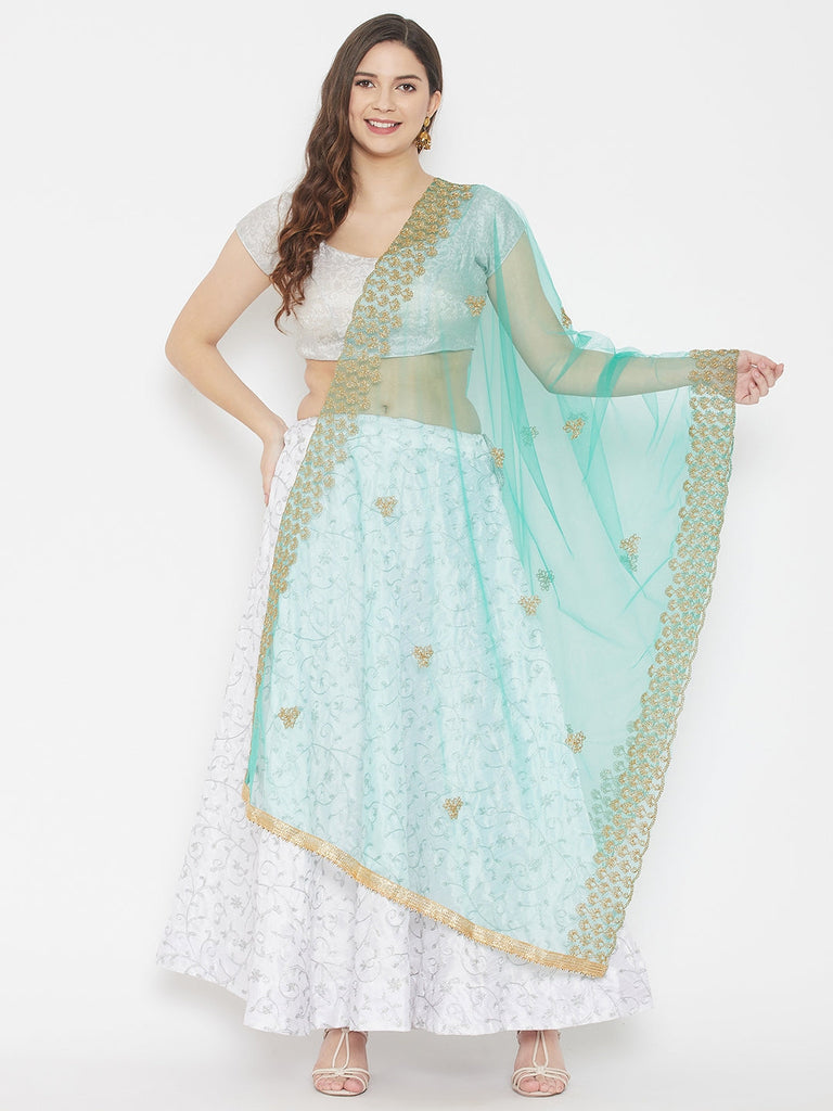 Women's Sea Green Embroidered Net Dupatta With Sequinned