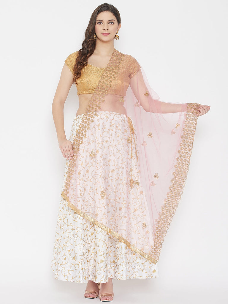 Women's Baby Pink Embroidered Net Dupatta With Sequinned