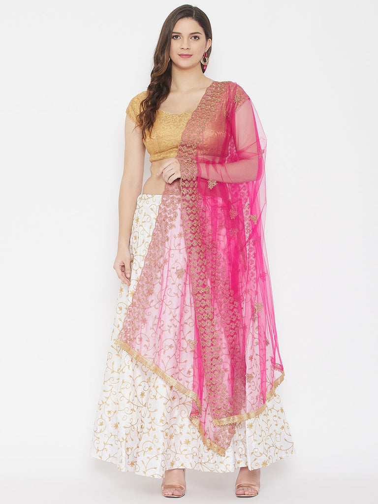 Women's Magenta Embroidered Net Dupatta With Sequinned