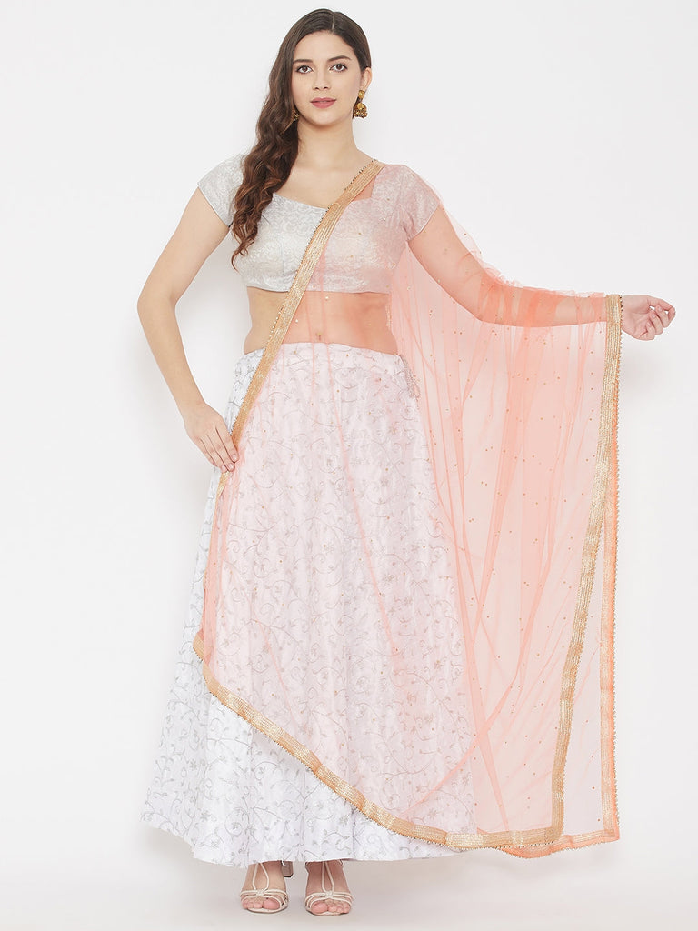 Women's Peach Embellished Net Dupatta