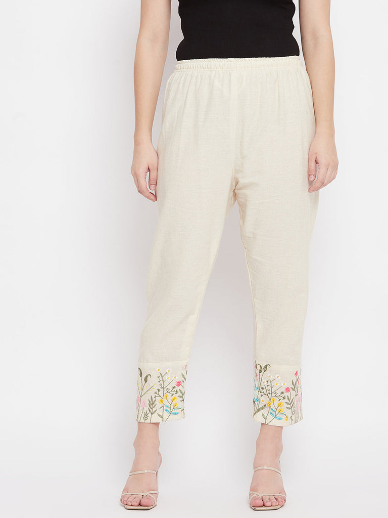 Women's Beige Embroidered Palazzo