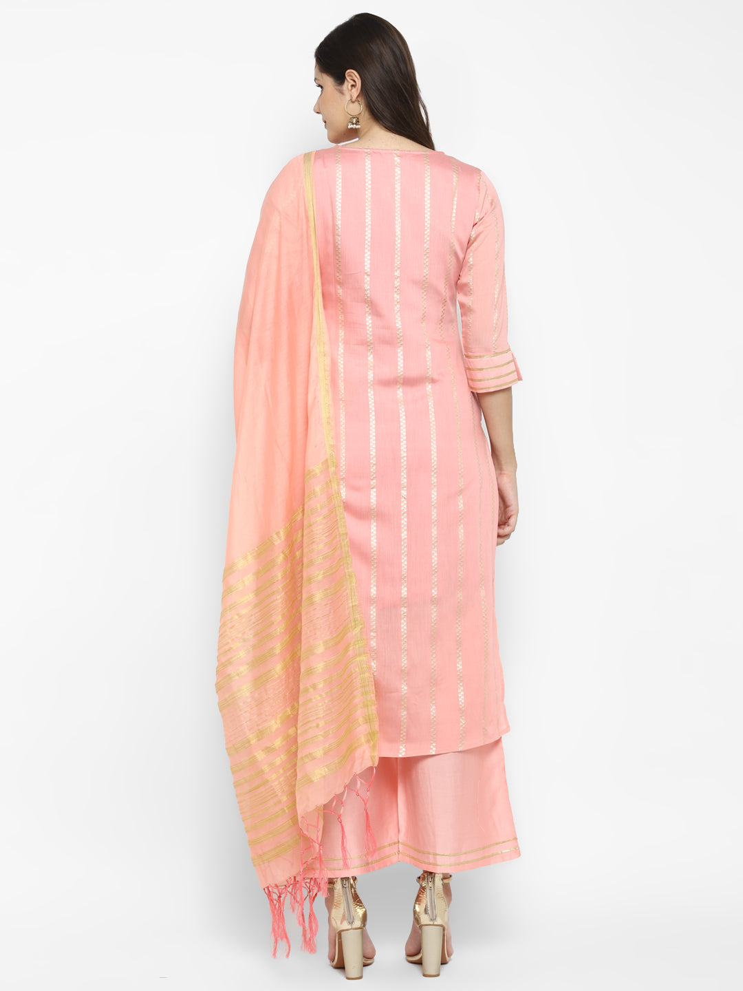 Women's Pink Color Chanderi Silk Embroidered Straight Kurta Palazzo With Dupatta - VAABA