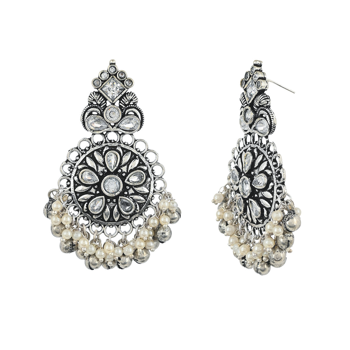 Women's Antique Elegance Floral Faux Pearls And Kundan Adorned Brass Silver Plated Drop Earrings - Voylla
