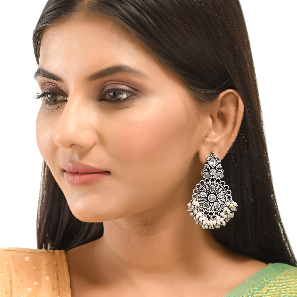 Women's Antique Elegance Floral Faux Pearls And Kundan Adorned Brass Silver Plated Drop Earrings - Voylla
