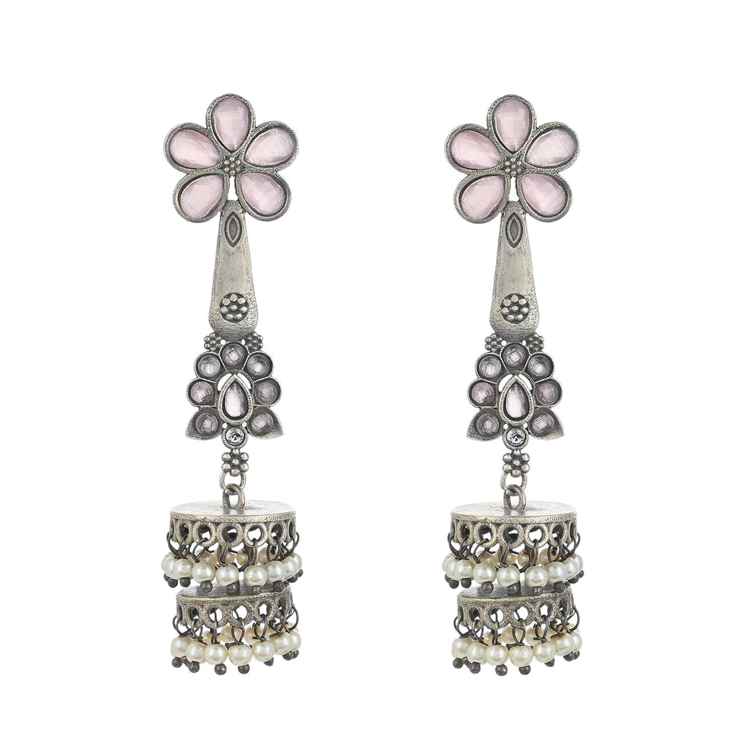Women's Antique Elegance Silver Plated Floral Drop Earrings - Voylla