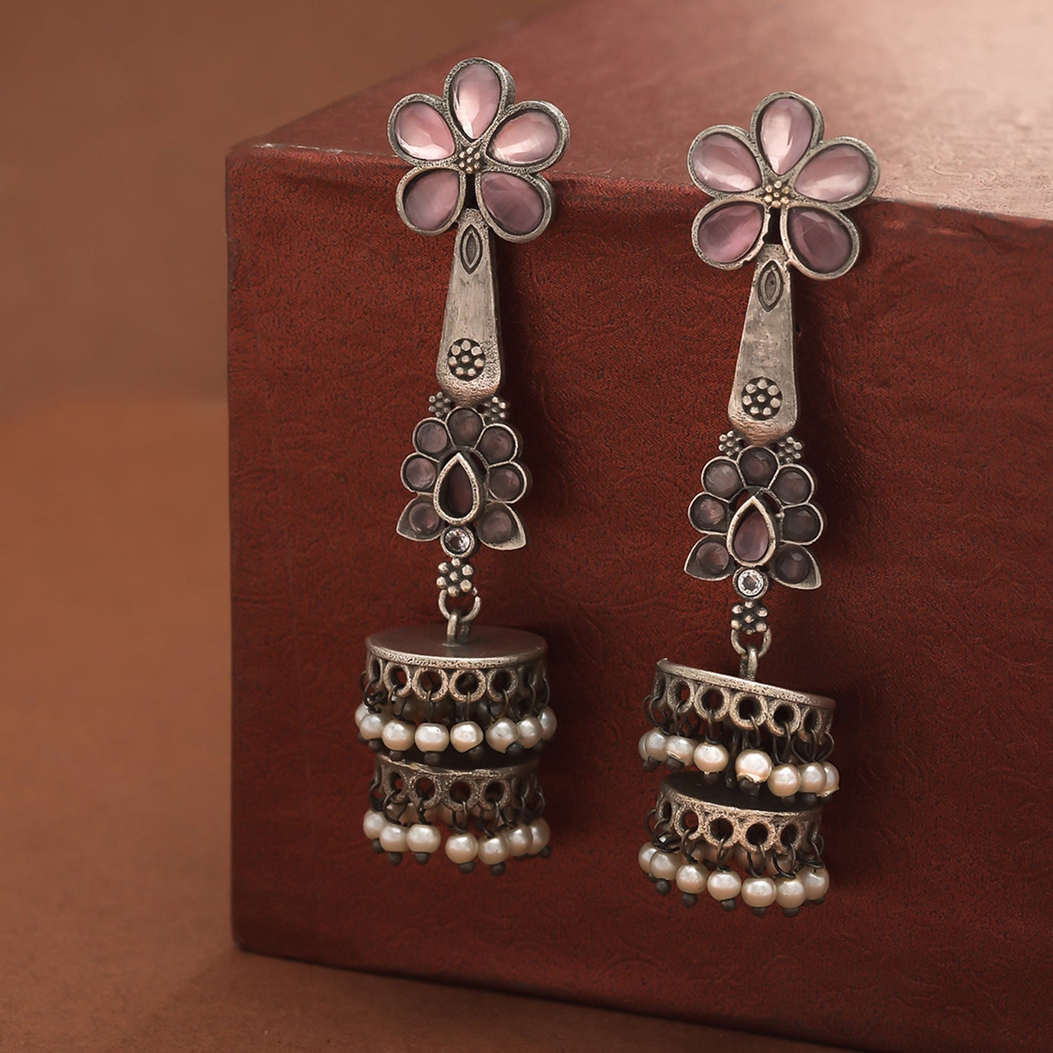Women's Antique Elegance Silver Plated Floral Drop Earrings - Voylla